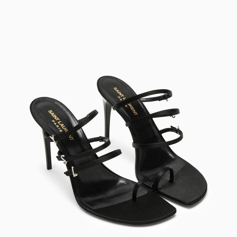 SAINT LAURENT Black Silk and Leather Sandal - Squared Open Toe, Stiletto Heel, Rhinestone Logo Letters