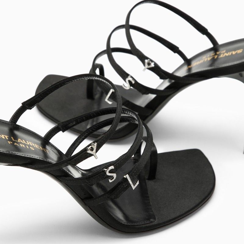 SAINT LAURENT Black Silk and Leather Sandal - Squared Open Toe, Stiletto Heel, Rhinestone Logo Letters