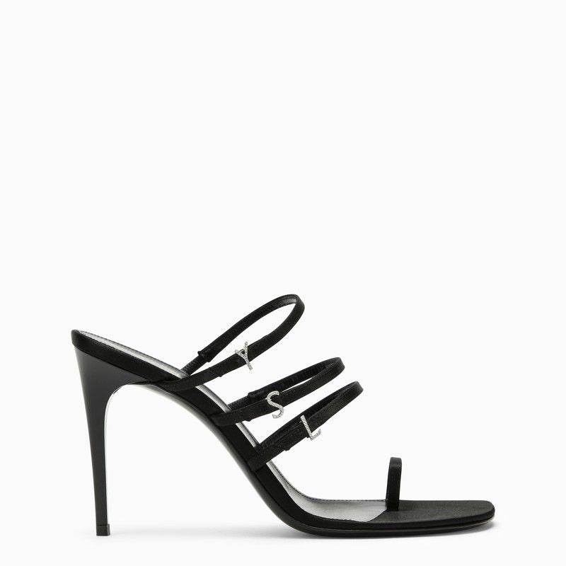 SAINT LAURENT Black Silk and Leather Sandal - Squared Open Toe, Stiletto Heel, Rhinestone Logo Letters