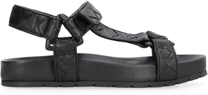 BOTTEGA VENETA Woven Pattern Leather Sandals with Velcro Strap for Women - Black