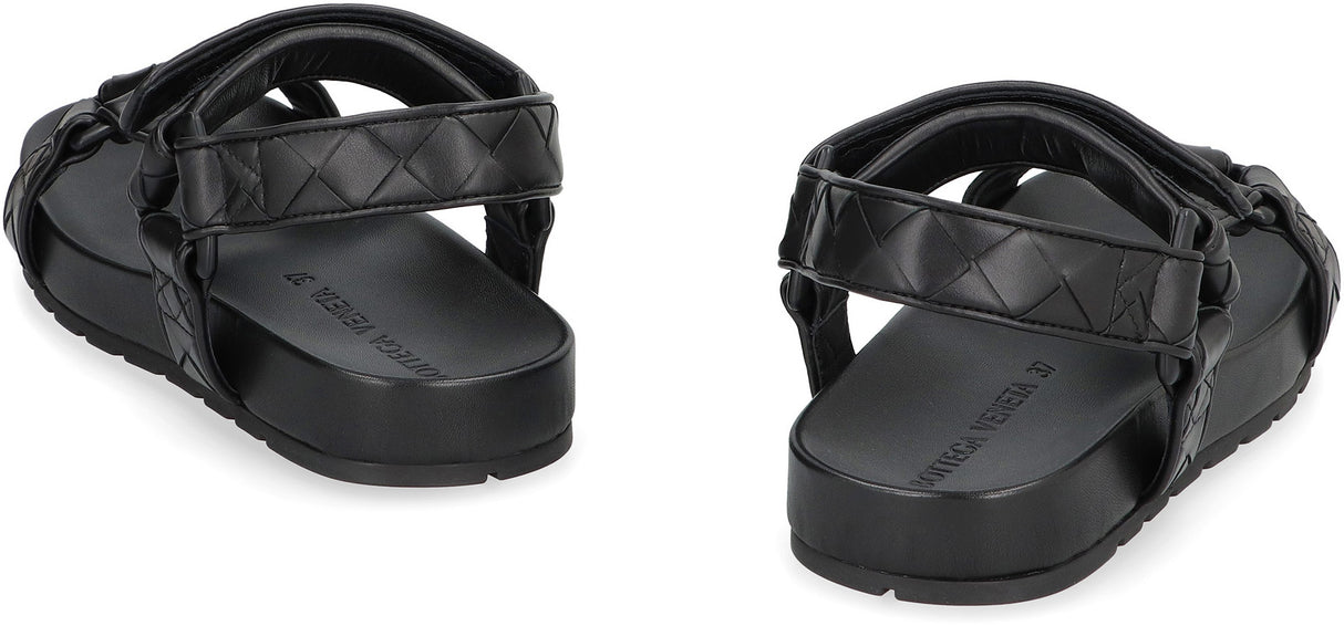 BOTTEGA VENETA Woven Pattern Leather Sandals with Velcro Strap for Women - Black