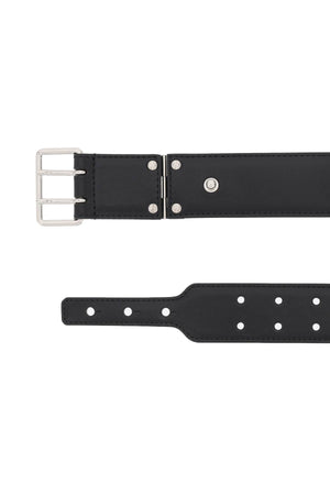 ALEXANDER MCQUEEN Men's Leather Military Belt with Double Silver Pin Buckle in Black