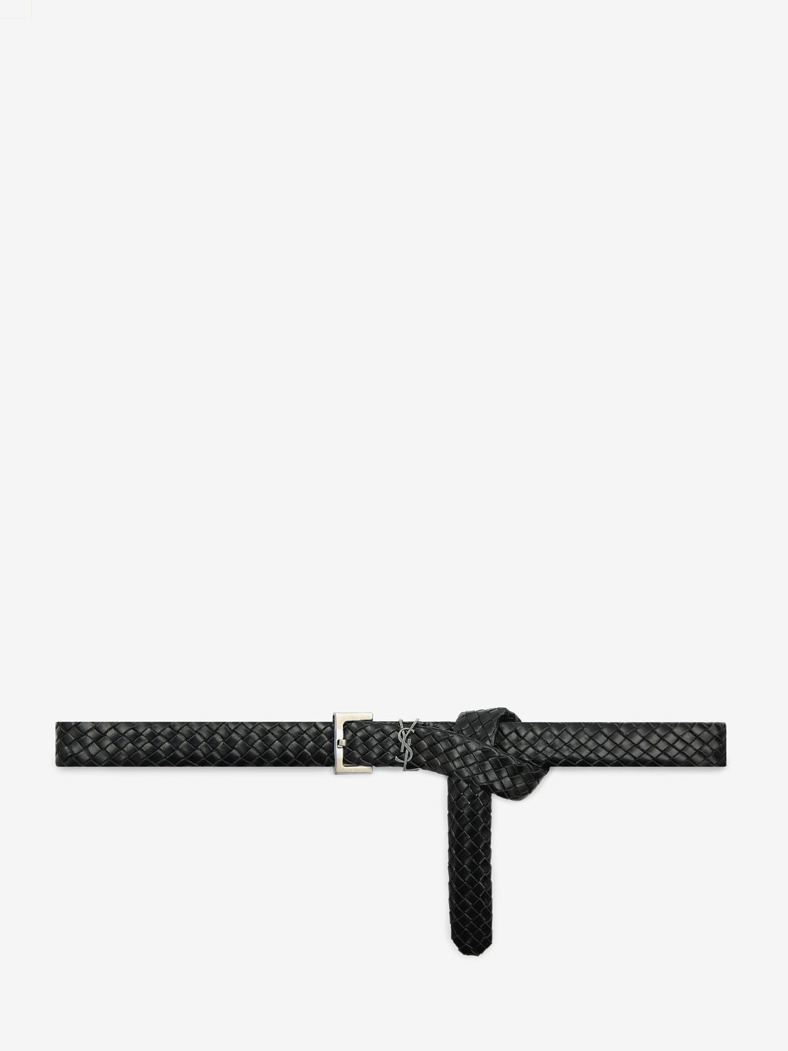 SAINT LAURENT Elegant Braided Calfskin Belt with Silver-Tone Cassandre 3cm