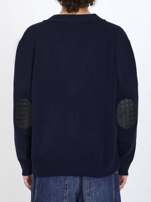 BOTTEGA VENETA Men's Blue Cashmere Cardigan with Leather Patches and Intreccio Motif