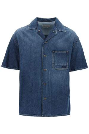 ALEXANDER MCQUEEN Men's Organic Denim Short Sleeve Button-Up Shirt in Navy