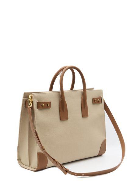 SAINT LAURENT Elegant Large Beige Canvas Handbag with Brown Leather Trims 40x30x13.5cm