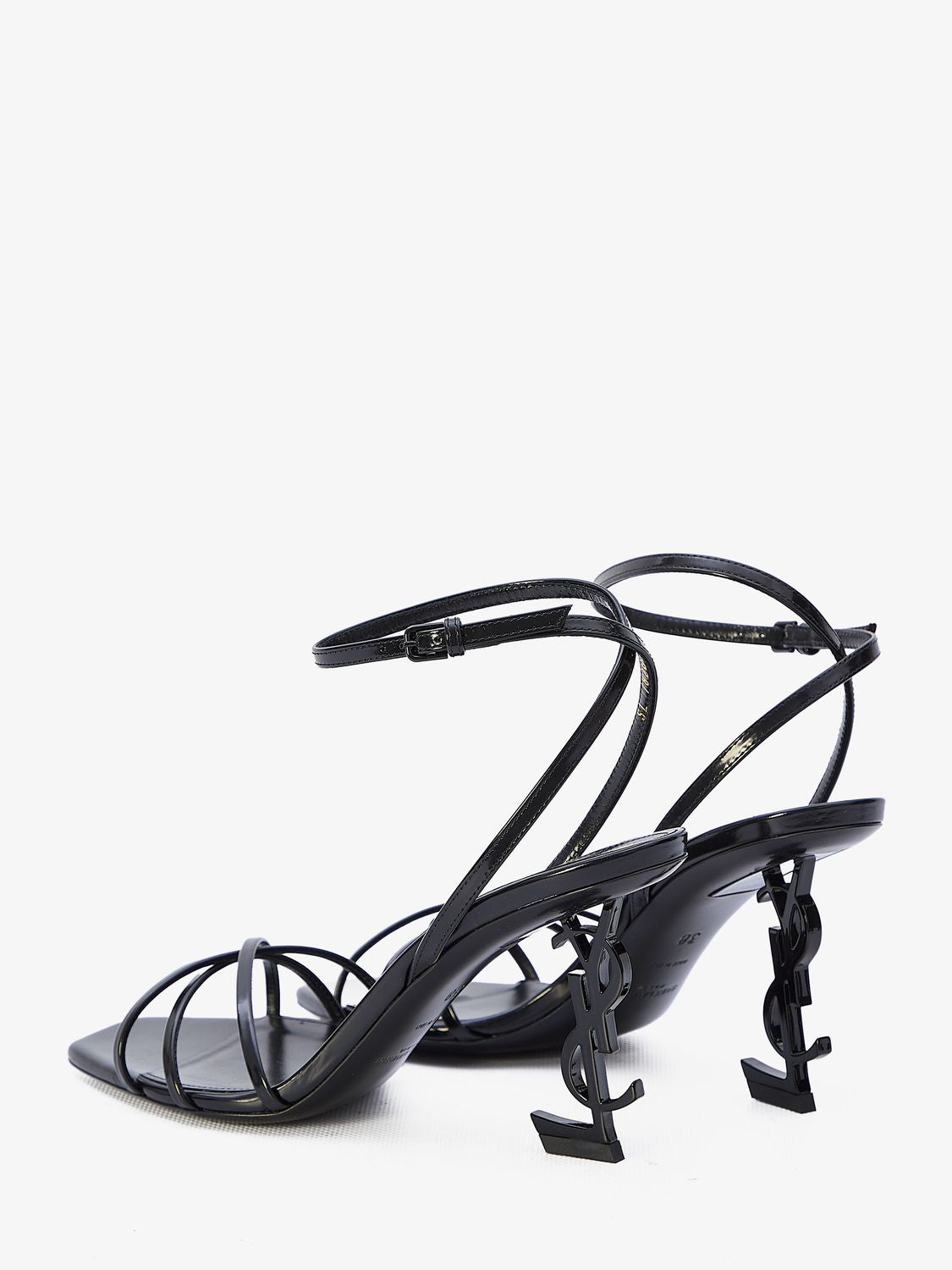 SAINT LAURENT Black Leather Sandals with Metallic Sculpture Heels and Adjustable Ankle Strap