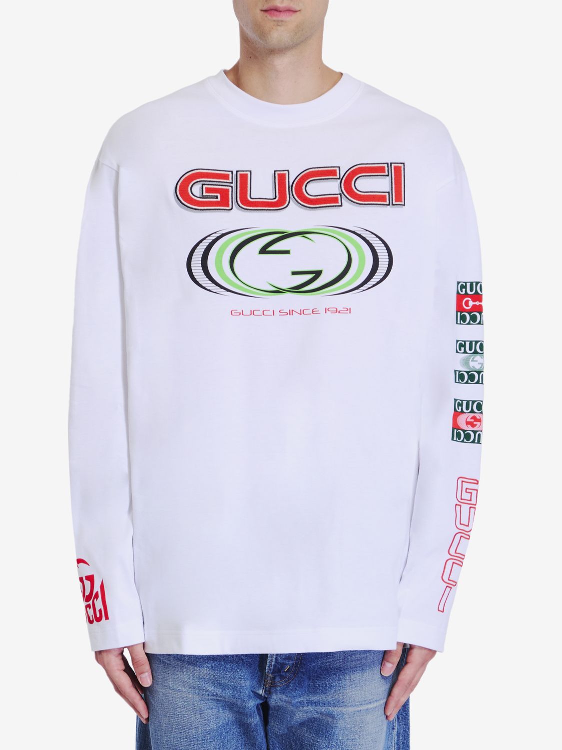 GUCCI Men's Long Sleeve Cotton T-Shirt with Ribbed Collar