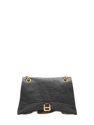 BALENCIAGA Black Crush Calfskin Shoulder Bag with Antique-Gold Chain, Magnetic B Logo Closure - Medium 19x32x11cm