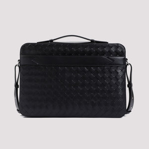 BOTTEGA VENETA Men's Black Leather Messenger Briefcase for SS24