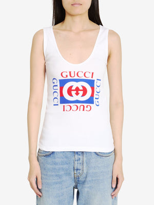 GUCCI Elegant White Cotton Tank Top with Iconic Print