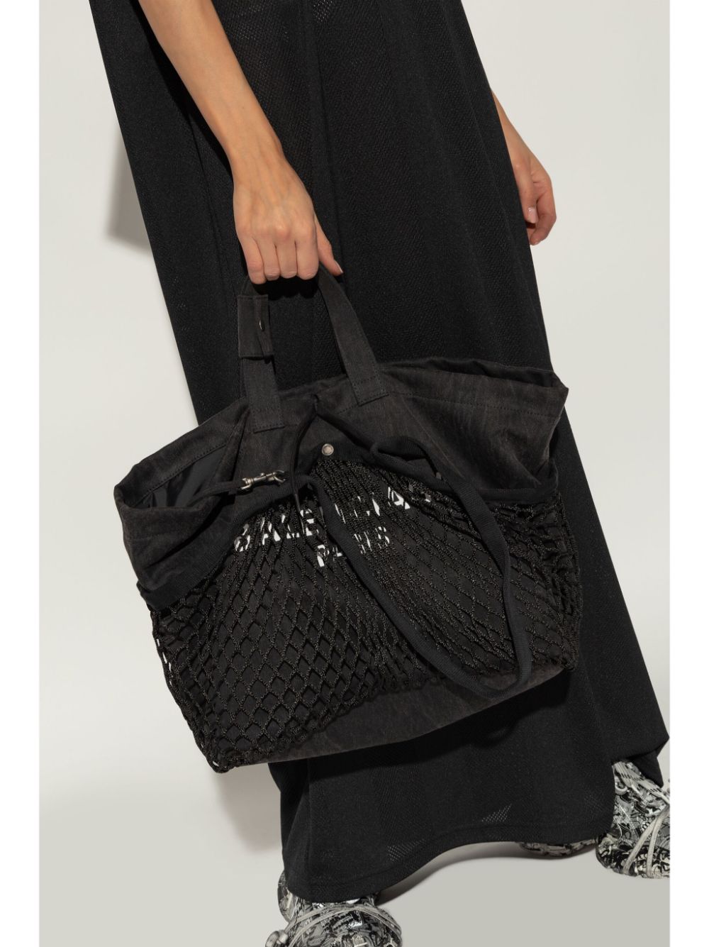 BALENCIAGA Canvas Fishnet Layer Logo Print Handbag