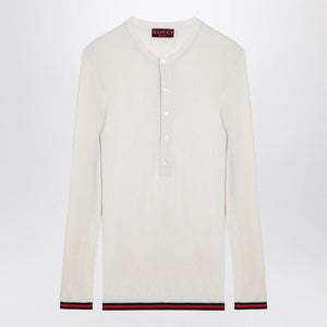 GUCCI Silk Crewneck Long Sleeve T-Shirt with Web Ribbon Cuffs and Hem