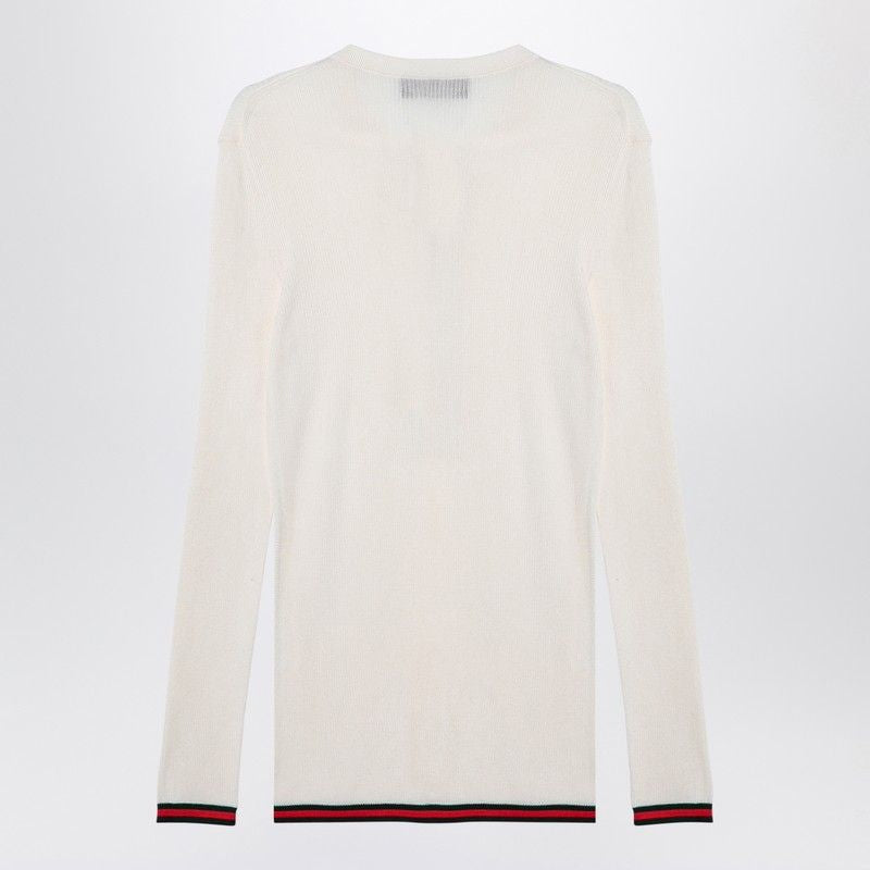 GUCCI Silk Crewneck Long Sleeve T-Shirt with Web Ribbon Cuffs and Hem