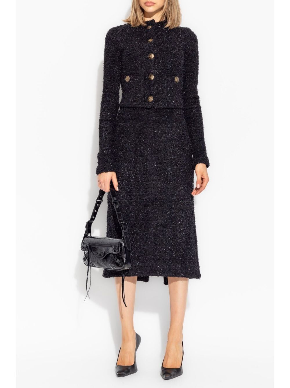 BALENCIAGA Chic Black Tweed Midi Skirt