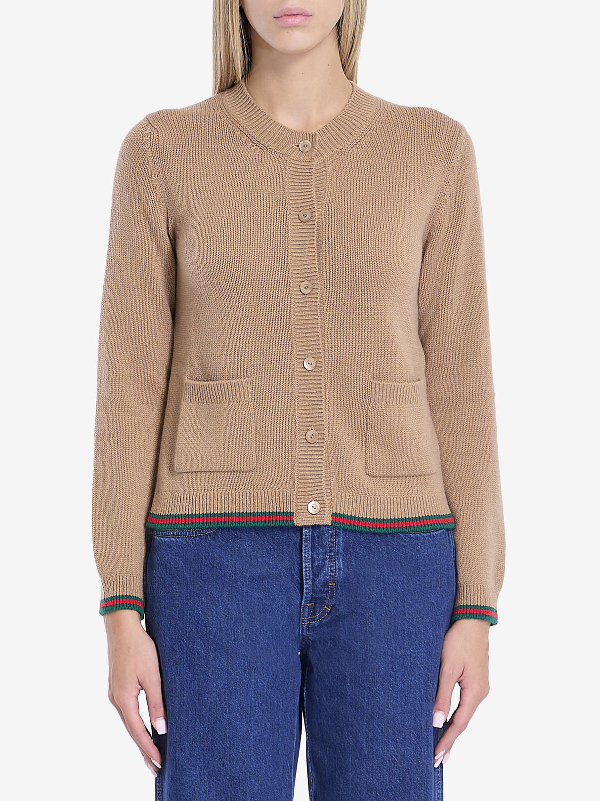 GUCCI Long-Sleeved Cashmere Cardigan with Web Trims