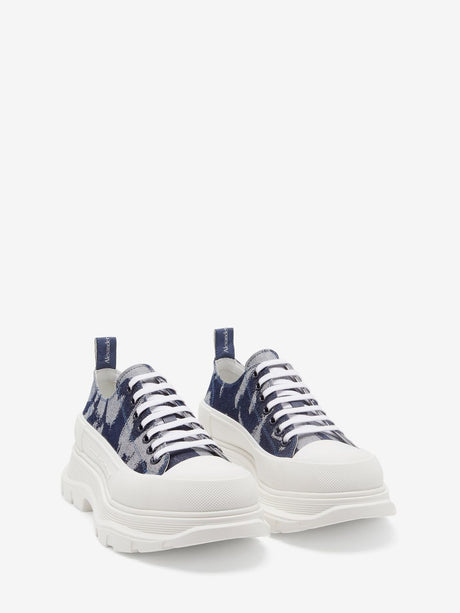 ALEXANDER MCQUEEN Graffiti Trad Slick Lace Up Sneakers for Men in Indigo and White