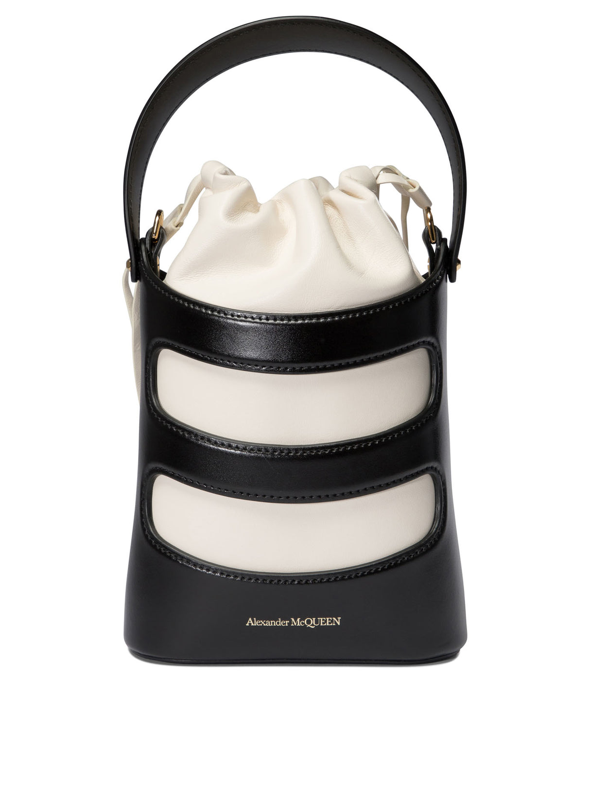 ALEXANDER MCQUEEN Mini Rise Black Leather Bucket Bag for Women FW24