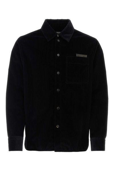 BOTTEGA VENETA Men's Corduroy Button-Up Shirt with Front Pocket - Blue