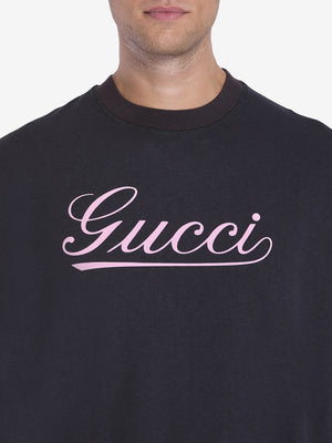 GUCCI Oversized Black Crewneck T-Shirt with Italic Print