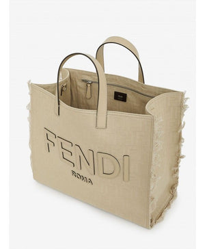 FENDI Beige Jacquard Men's Handbag with Fringed Edges and Adjustable Strap