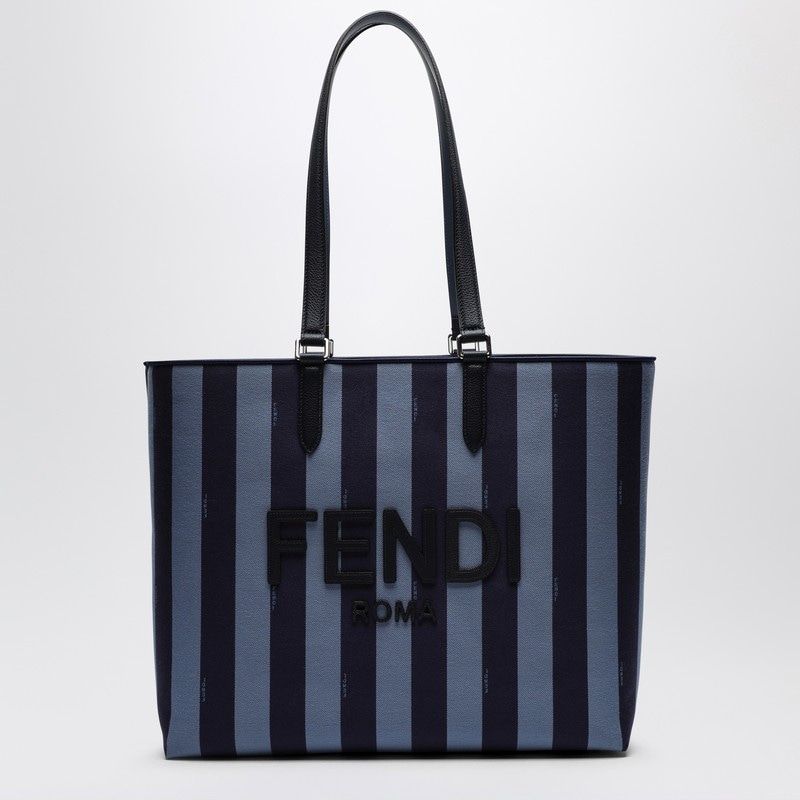 FENDI Men's Blue Striped Shopper Bag with Leather Accents