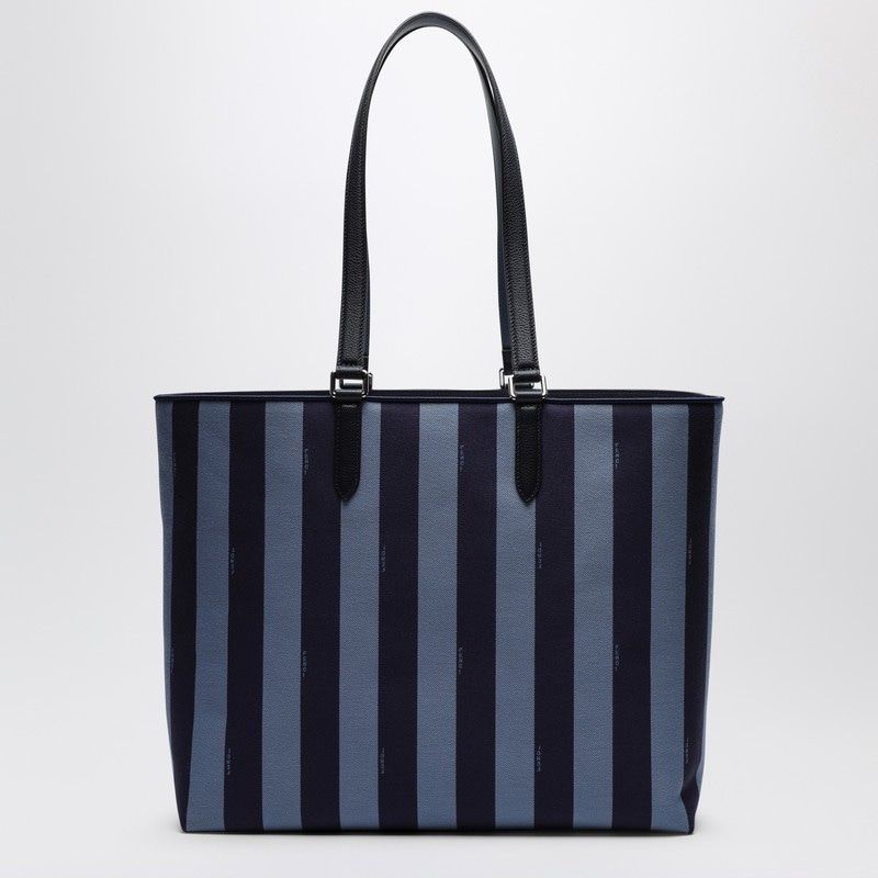 FENDI Men's Blue Striped Shopper Bag with Leather Accents