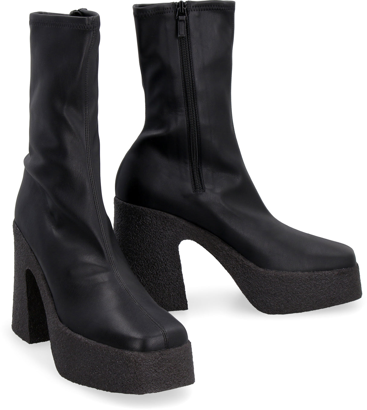 STELLA MCCARTNEY Black Smooth Stretch Ankle Boots with Thick Heel and Plateau for Women