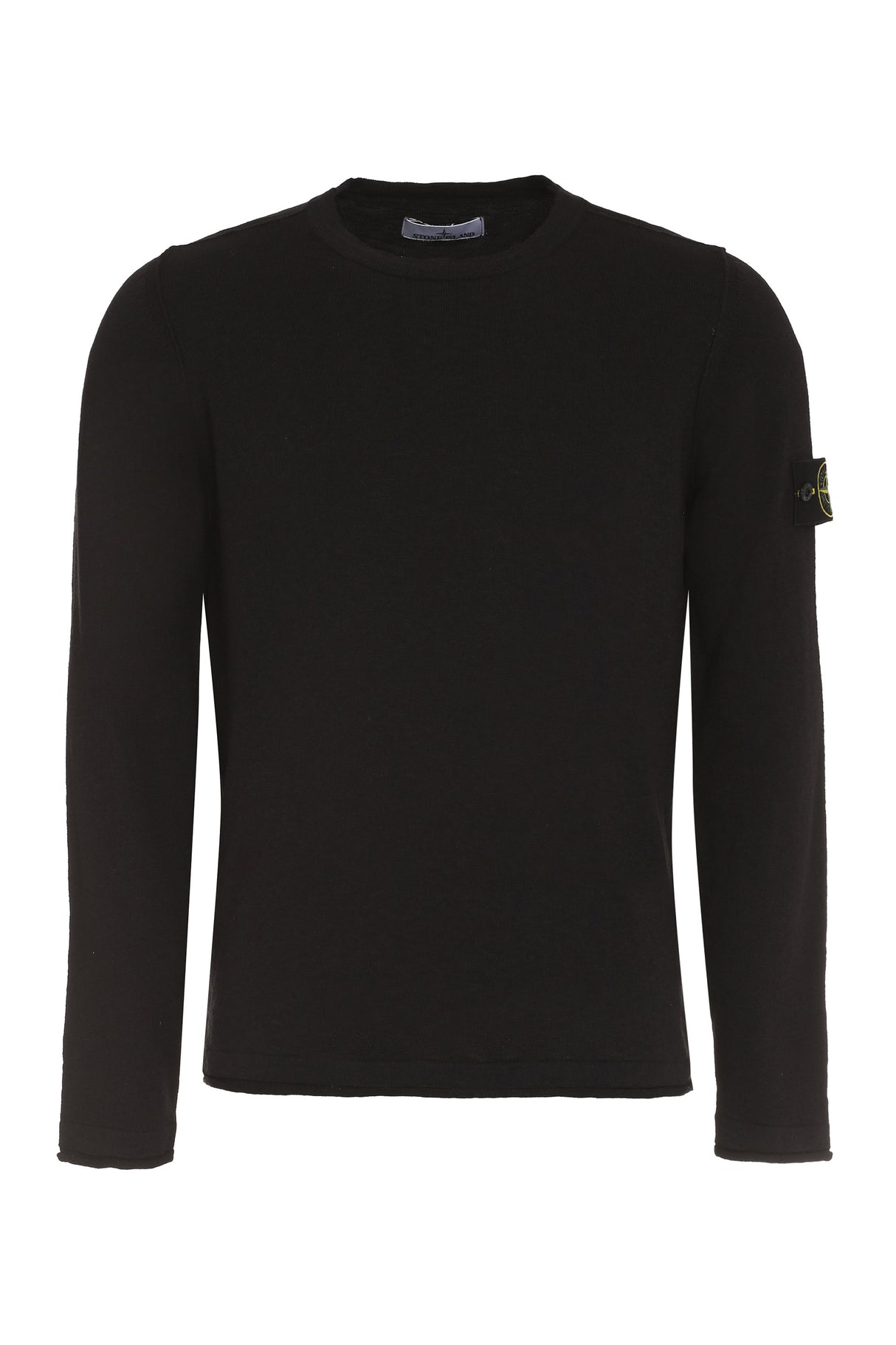 STONE ISLAND Men's Black Crew-Neck Sweater with Removable Logo Patch and Ribbed Knit Edges