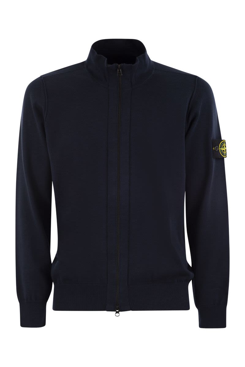 Men's Cotton Cardigan with Stone Island Badge and Front Zip Fastening