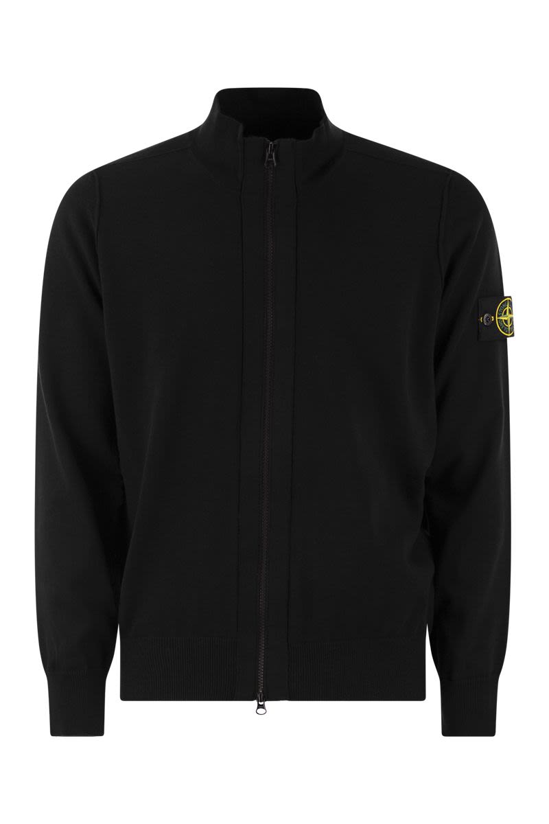 Men's Cotton Cardigan with Stone Island Badge and Front Zip Fastening