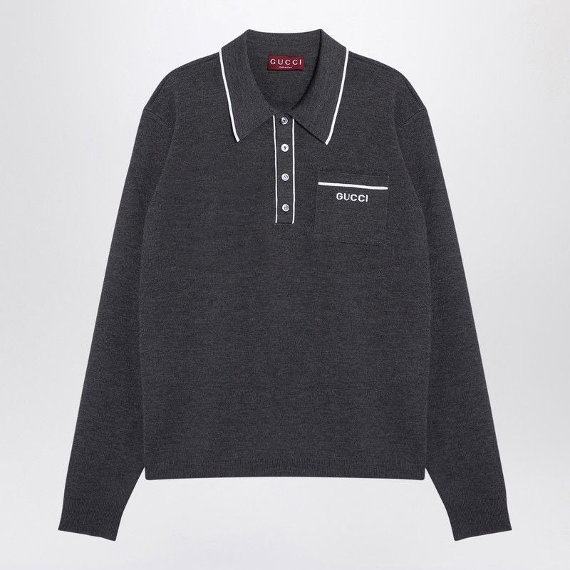 GUCCI Wool Mélange Long Sleeve Polo Shirt