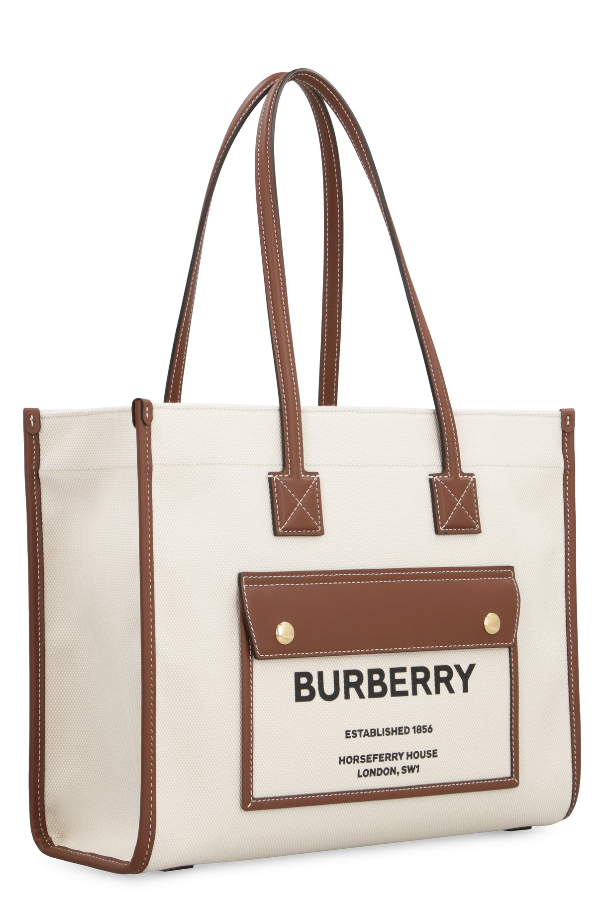 BURBERRY Freya Small Tan Cotton Canvas Tote with Leather Accents and Magnetic Closure