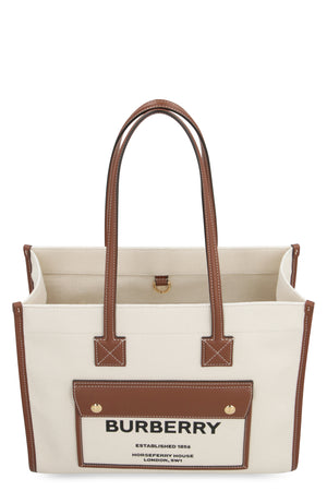 BURBERRY Freya Small Tan Cotton Canvas Tote with Leather Accents and Magnetic Closure