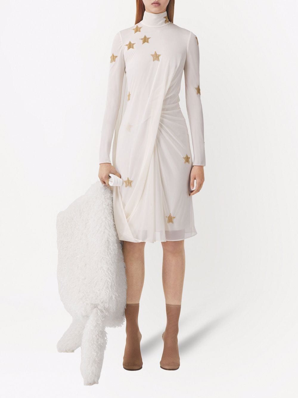 BURBERRY High Neck Long Sleeve Silk Dress with Gold Stars