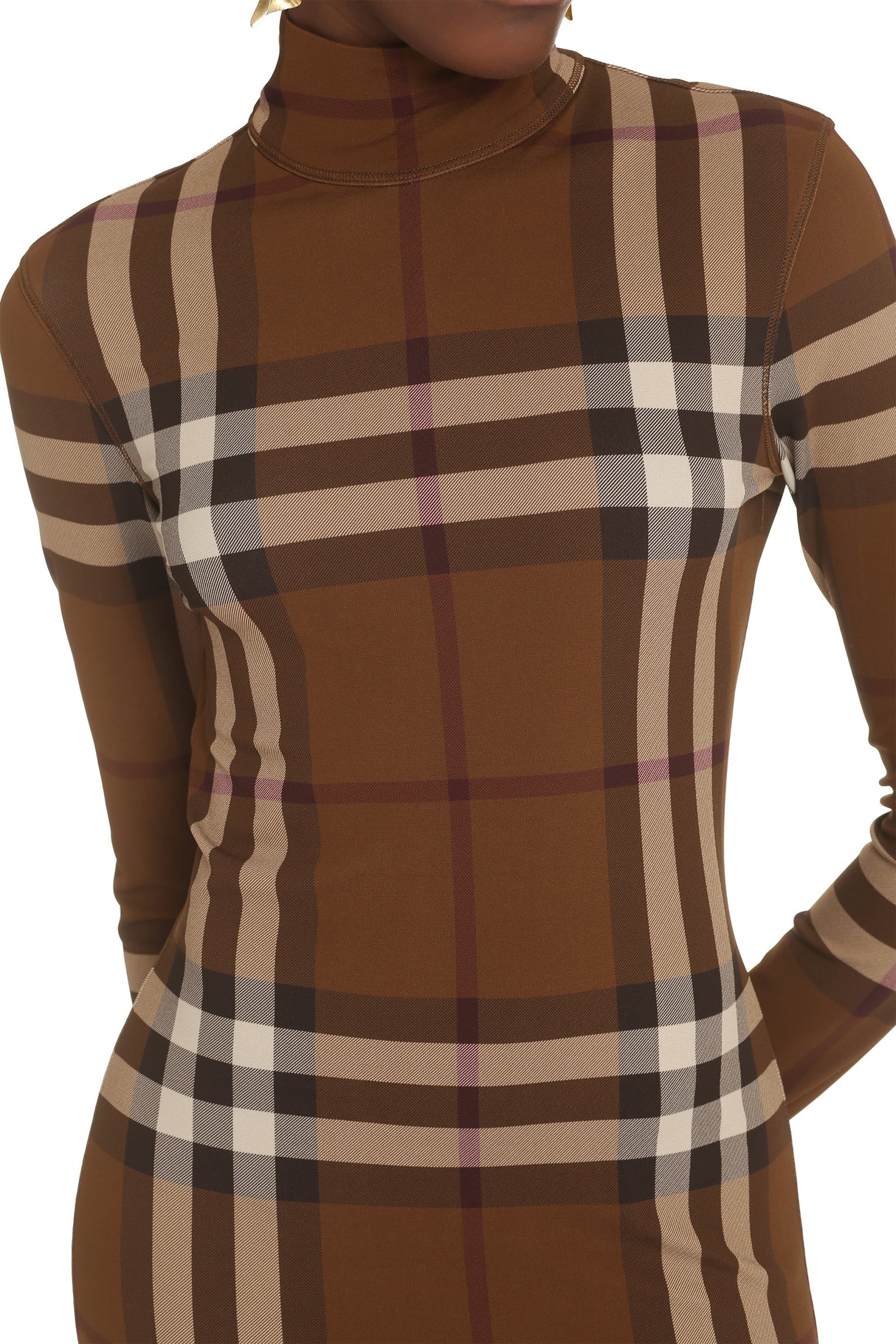 BURBERRY Checkered Turtleneck Dress in Brown