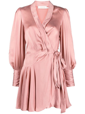 ZIMMERMANN Powder Pink Silk Wrap Dress with Long Sleeves and Scarf Lapels