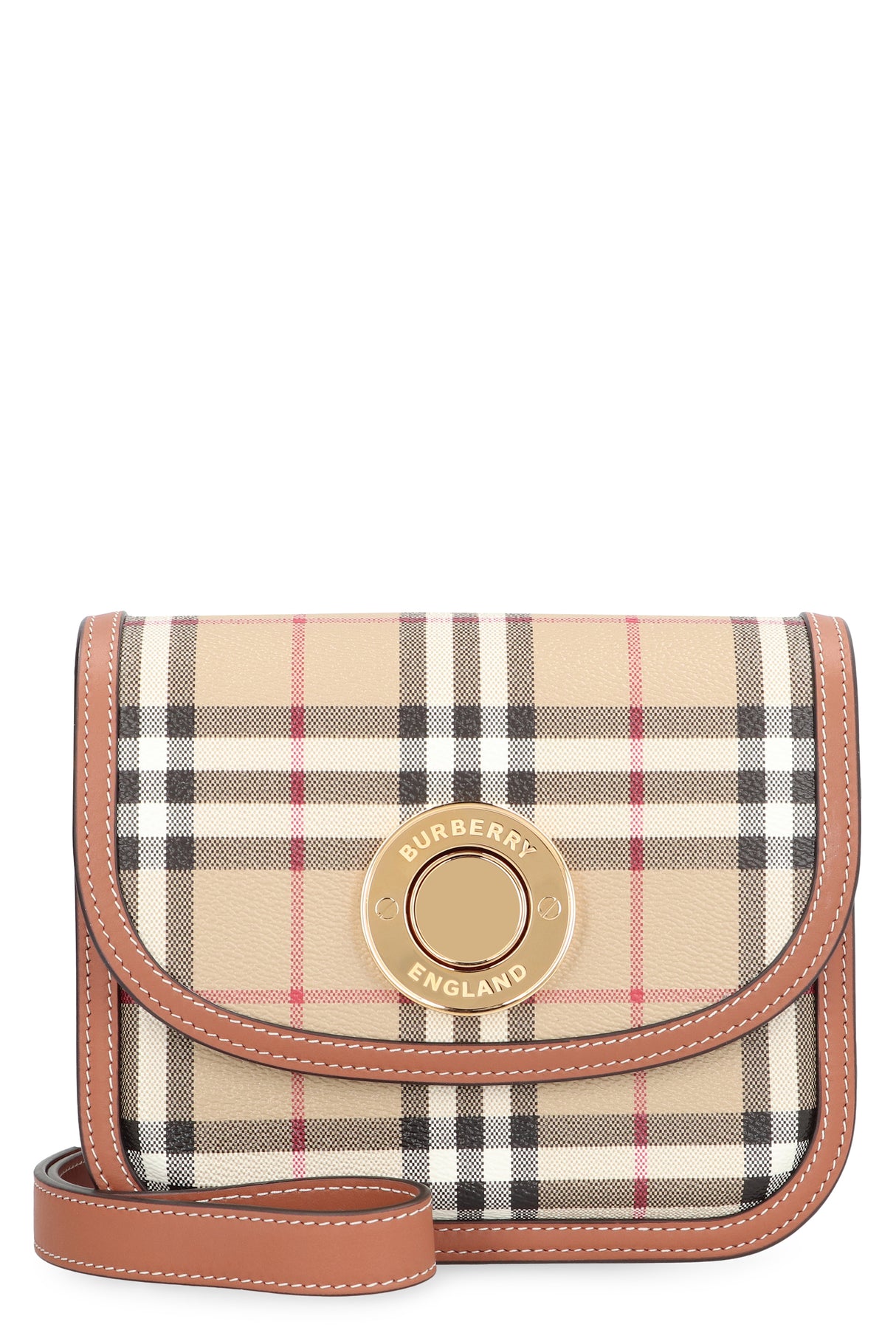 BURBERRY Mini Tartan Motif Crossbody Handbag with Gold-Tone Accents and Adjustable Strap - Beige 16x16 cm