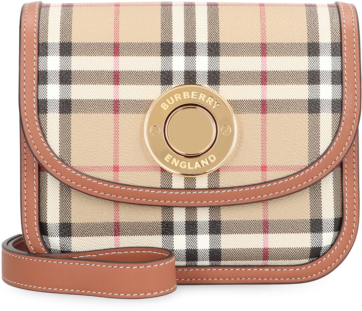 BURBERRY Mini Tartan Motif Crossbody Handbag with Gold-Tone Accents and Adjustable Strap - Beige 16x16 cm