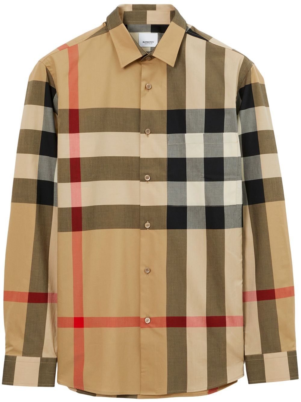 BURBERRY Men's Check Print Cotton Shirt - Rounded Hem, Beige, SS24