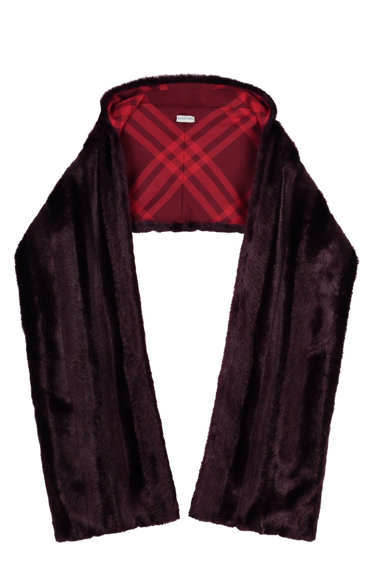 BURBERRY Men's Maroon Hooded Faux Fur Scarf with Check Motif Lining