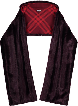 BURBERRY Men's Maroon Hooded Faux Fur Scarf with Check Motif Lining