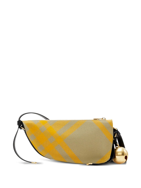 BURBERRY Mini Shield Check Pattern Wool Blend Crossbody Bag with Brushed Gold Accents and Leather Lining - Yellow