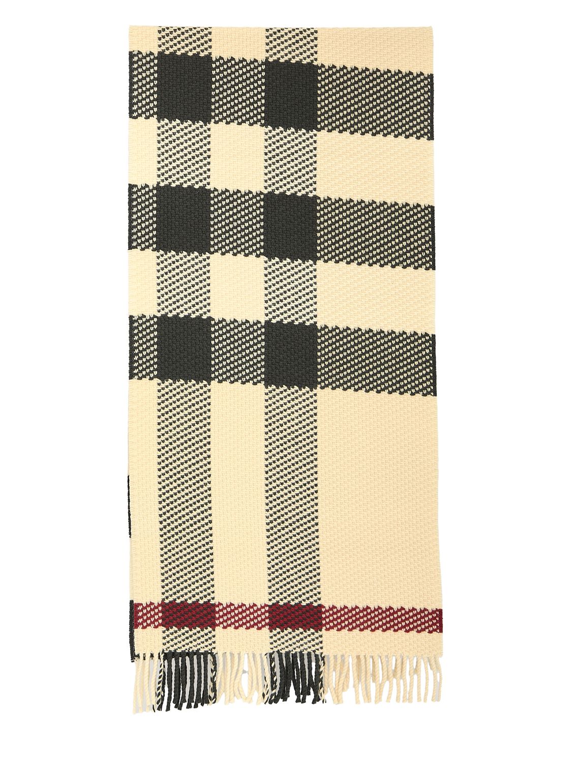 Wool Scarf with Burberry Check Motif and Fringed Hems - Cream