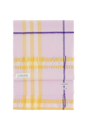 BURBERRY Checkered Fringed Cashmere Scarf in Sunflower Yellow and Lilac Purple