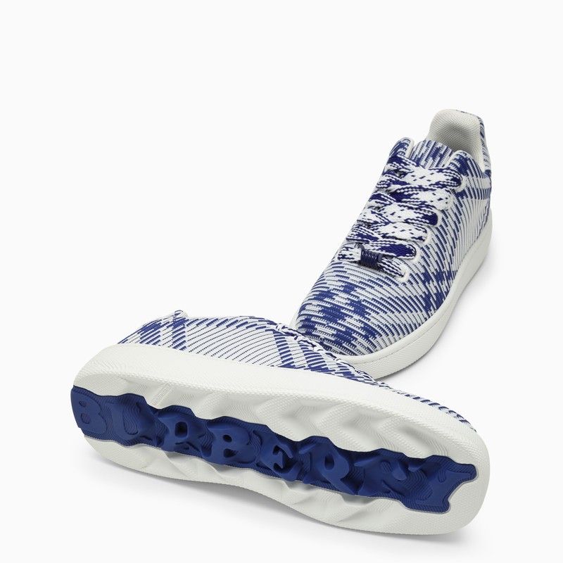 BURBERRY Men's White and Blue Check Pattern Stretch Sneaker