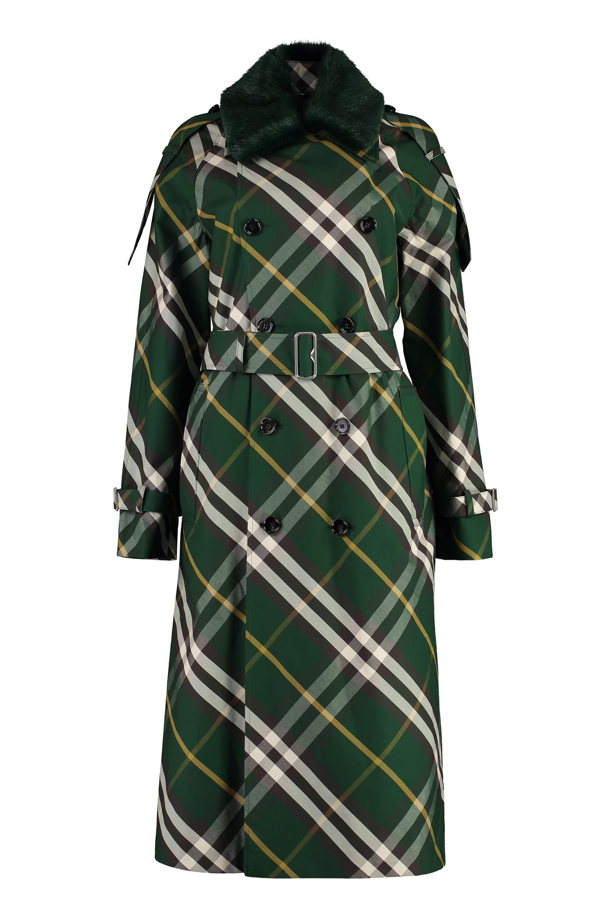 BURBERRY Green Women's Cotton Trench Coat with Check Motif and Eco-Fur Insert