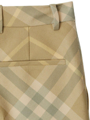 BURBERRY Beige Wool Check Print Straight Leg Trousers for Women