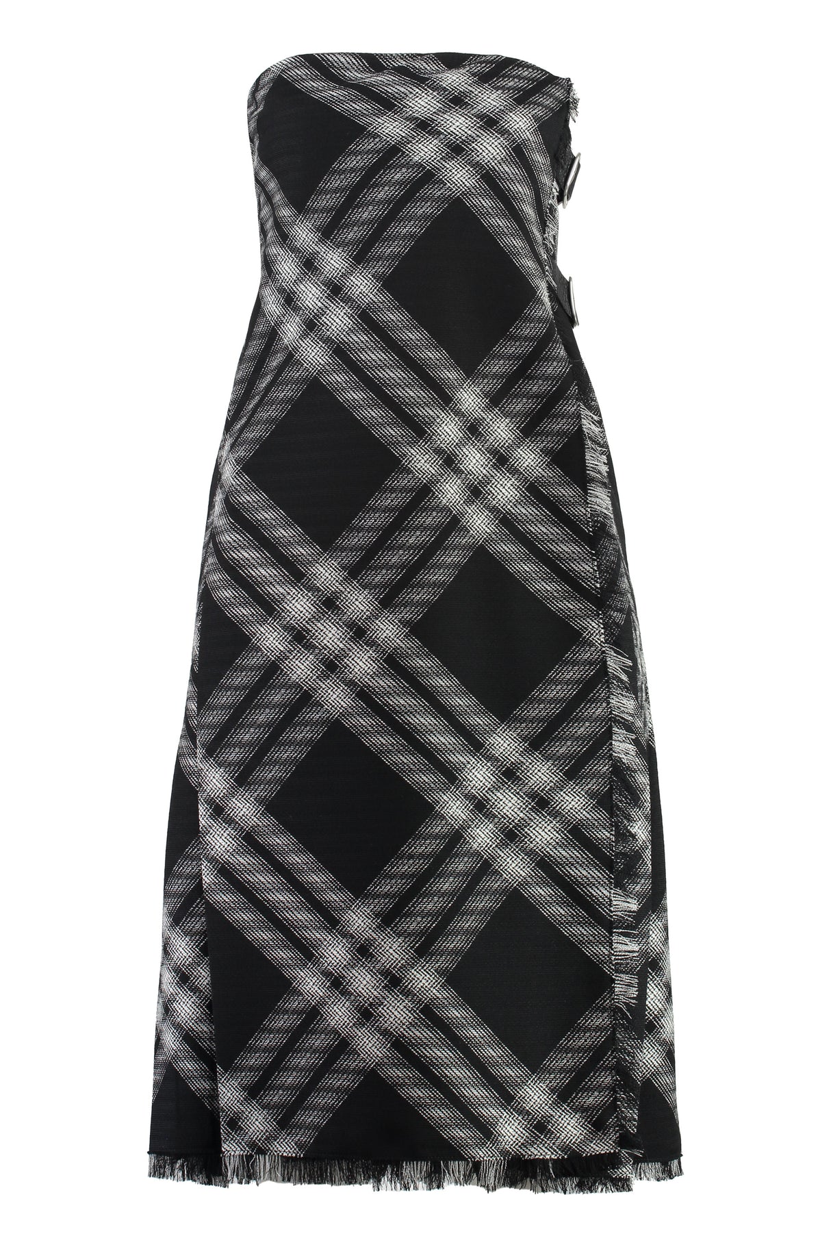 BURBERRY Off-The-Shoulder Dress with Check Motif and Fringed Edges