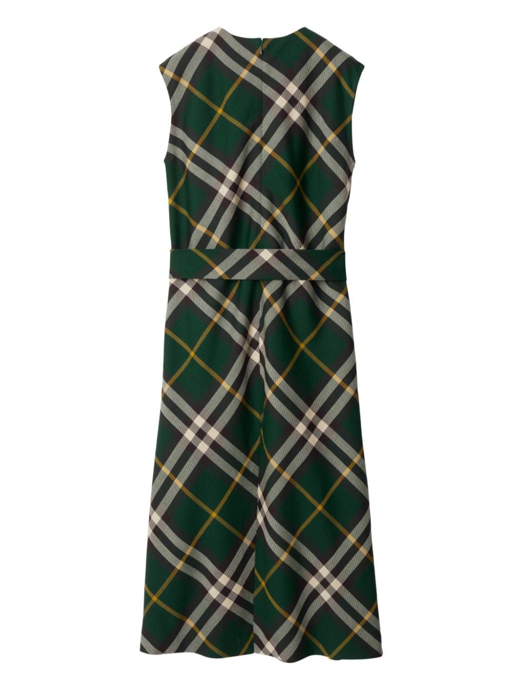 BURBERRY Ivy Green Wool Midi Dress with Nova Check Print and Silver-Tone Hardware